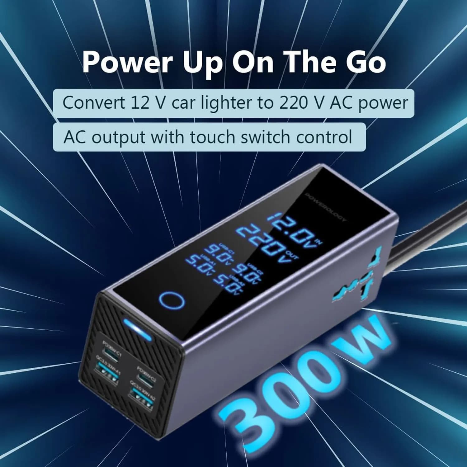 Powerology Car Power Inverter - 300W, 2 AC Sockets, 2x36W PD USB 2