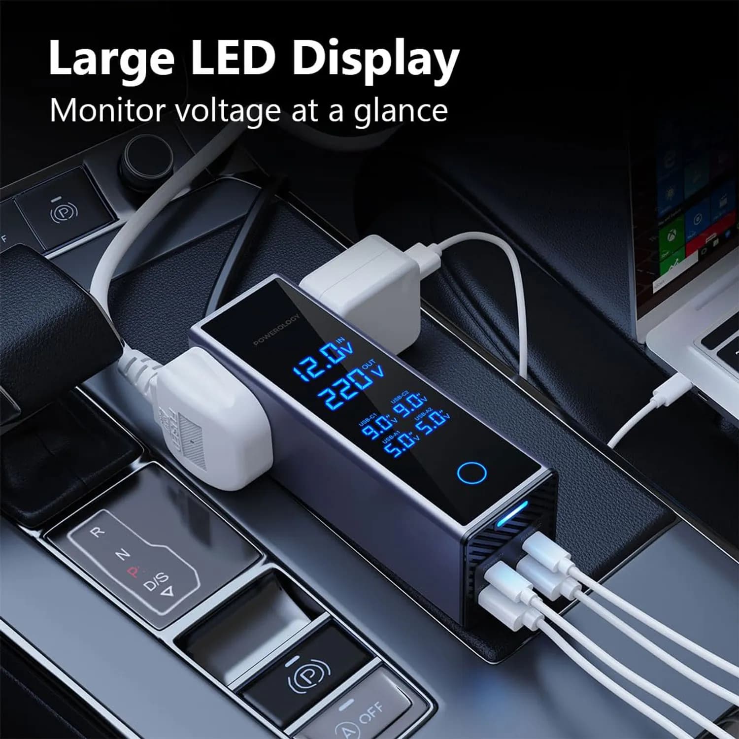 Powerology Car Power Inverter - 300W, 2 AC Sockets, 2x36W PD USB 4