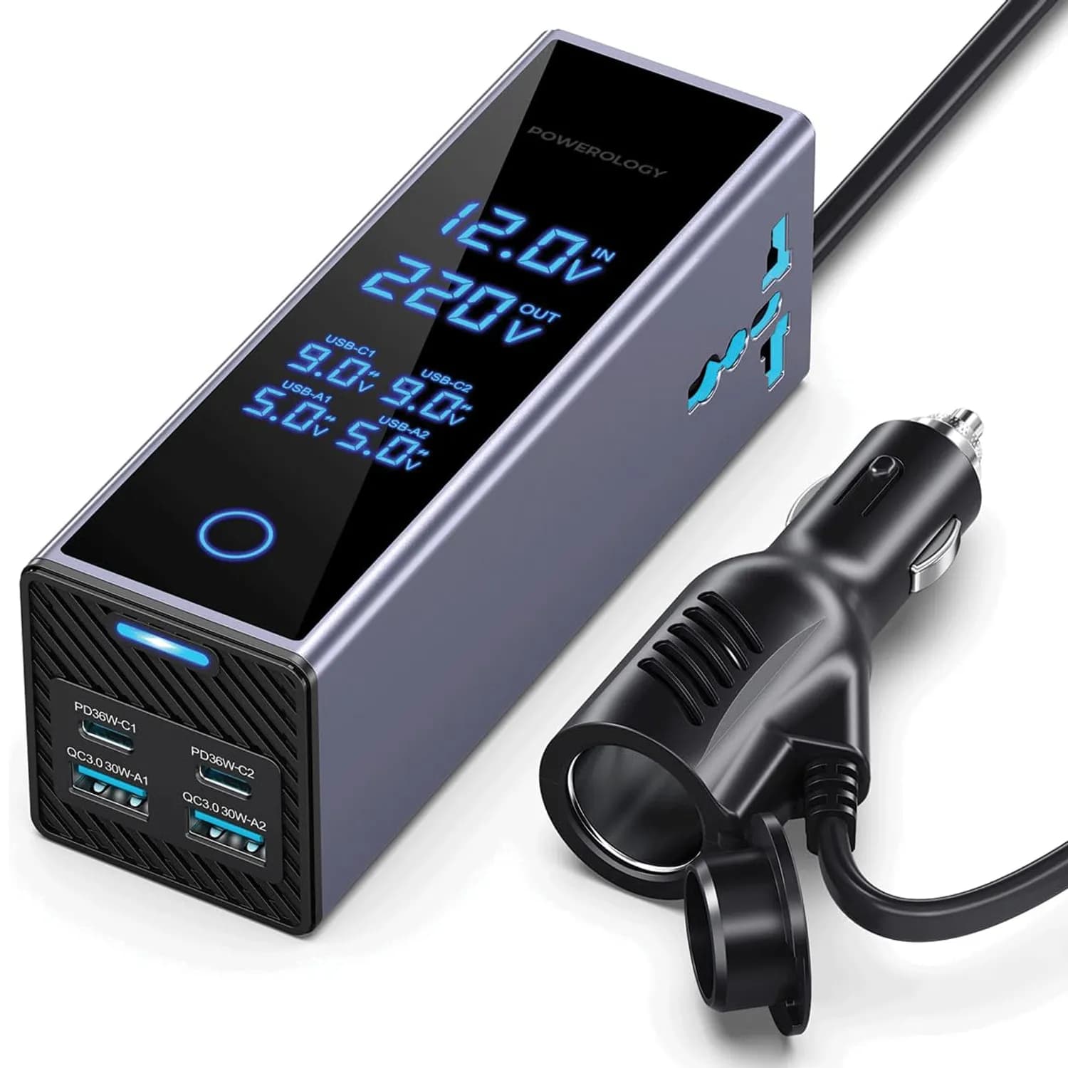 Powerology Car Power Inverter - 300W, 2 AC Sockets, 2x36W PD USB 1