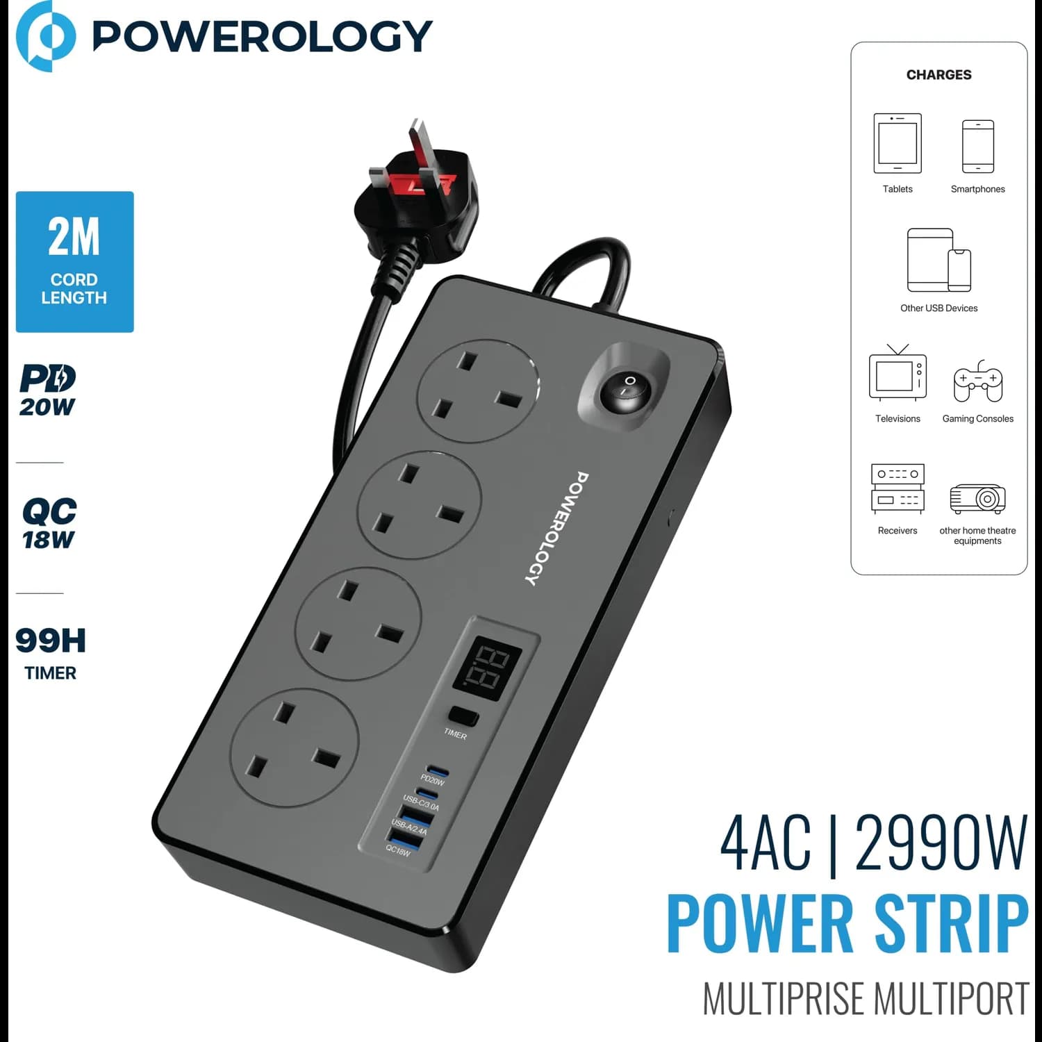 Powerology Power Strip - 8 Outlets, 99H Timer, Black 3