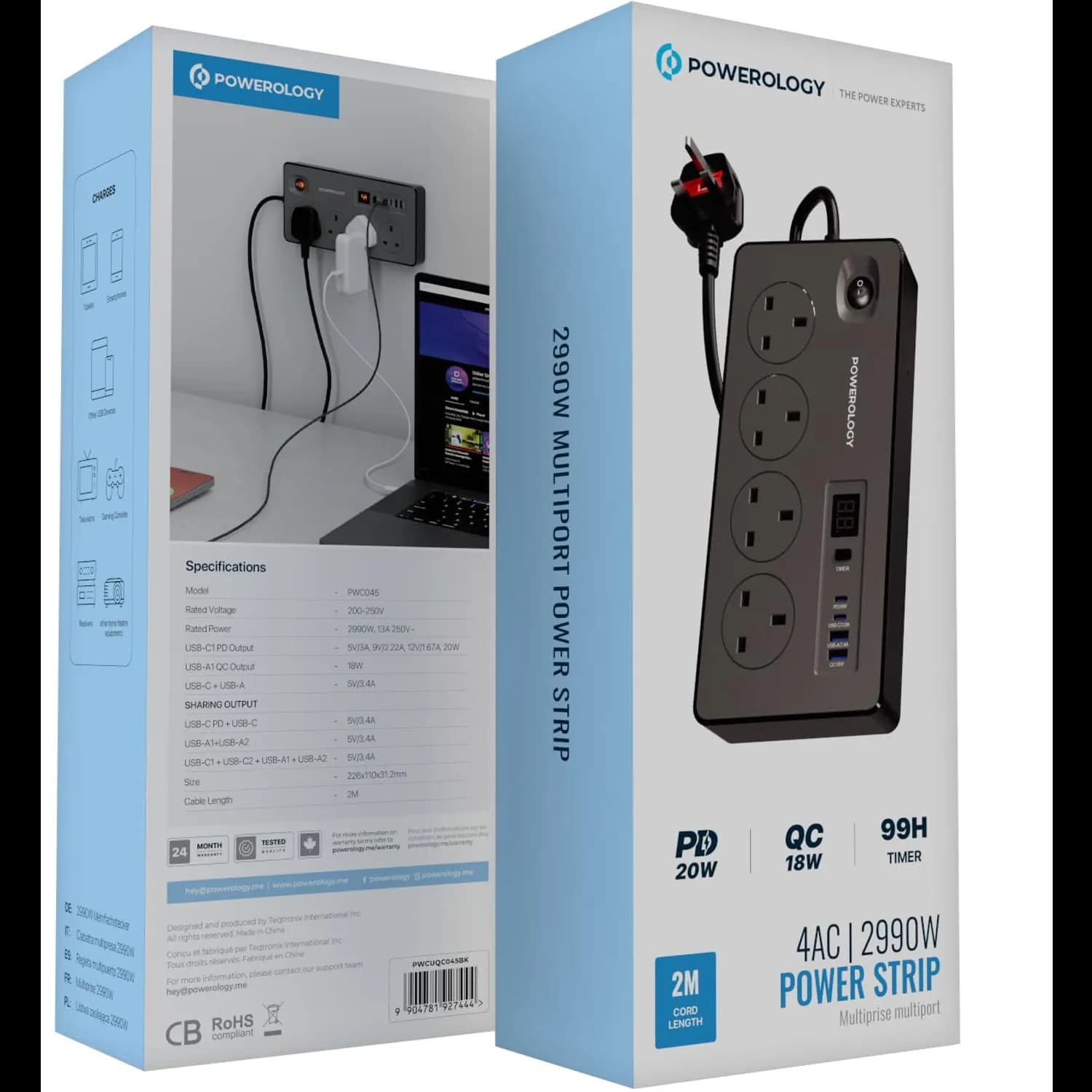 Powerology Power Strip - 8 Outlets, 99H Timer, Black 4
