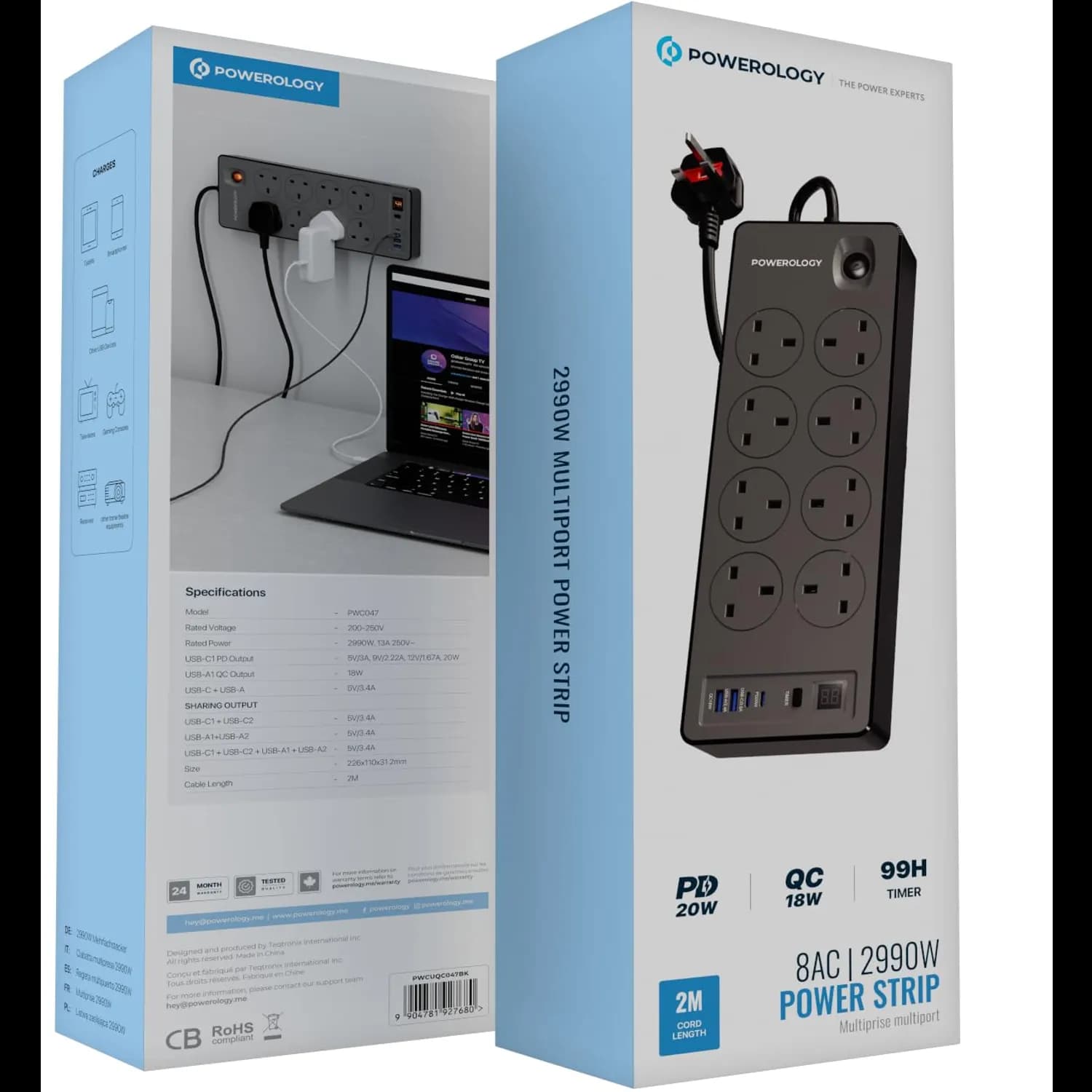 Powerology Power Strip - 12 Outlets, 99H Timer, Black 3