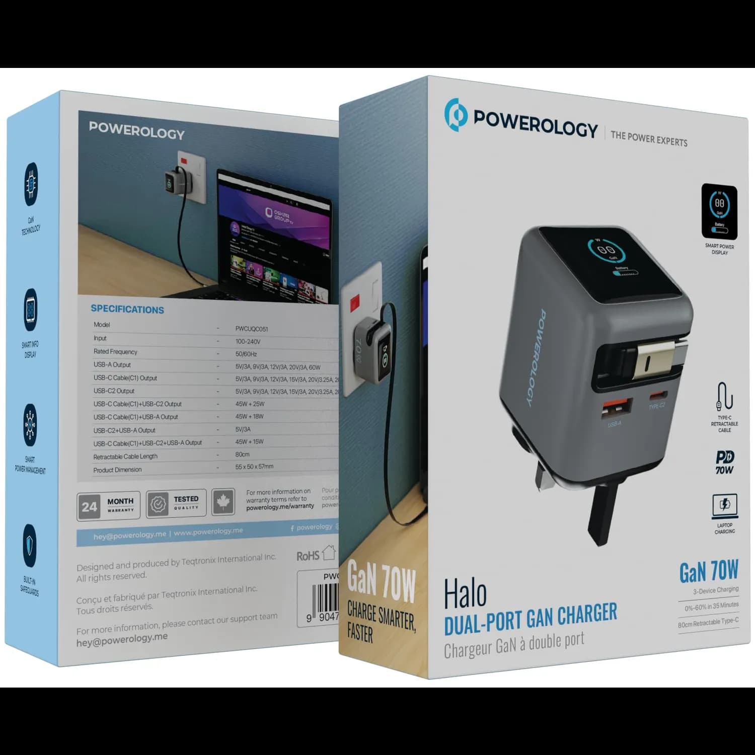Powerology Charger - 70W Dual-Port GaN with Retractable Type-C Cable, Gray — White 5