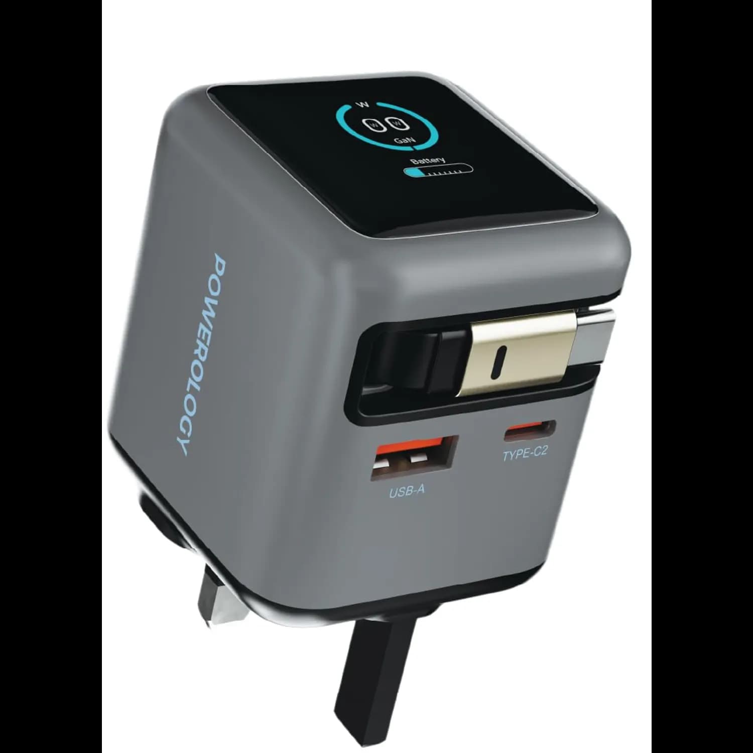 Powerology Charger - 70W Dual-Port GaN with Retractable Type-C Cable, Gray — White 2