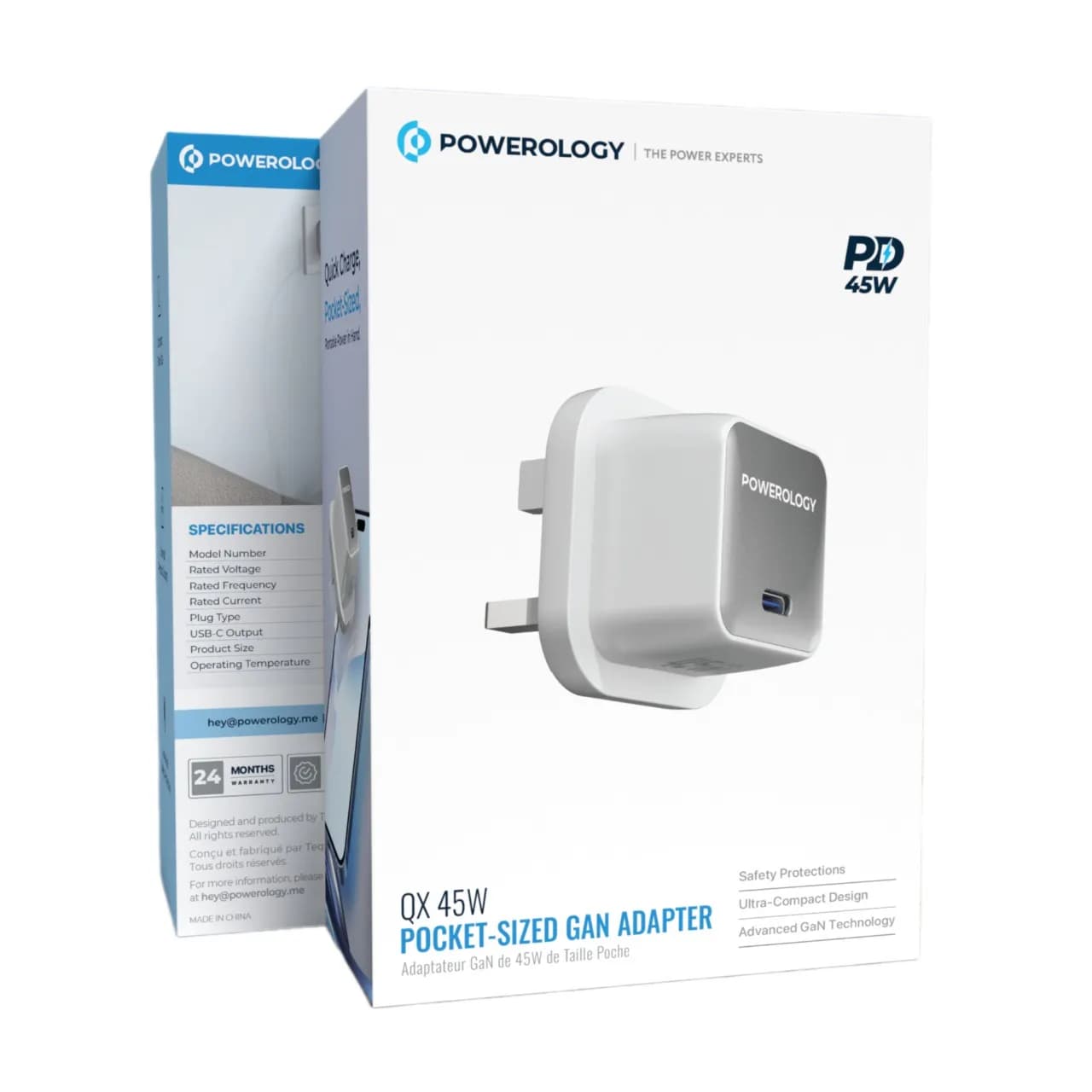 Powerology GaN Charger QX 45W - USB-C, White/Silver 1 Powerology GaN Charger QX 45W - USB-C, White/Silver 1