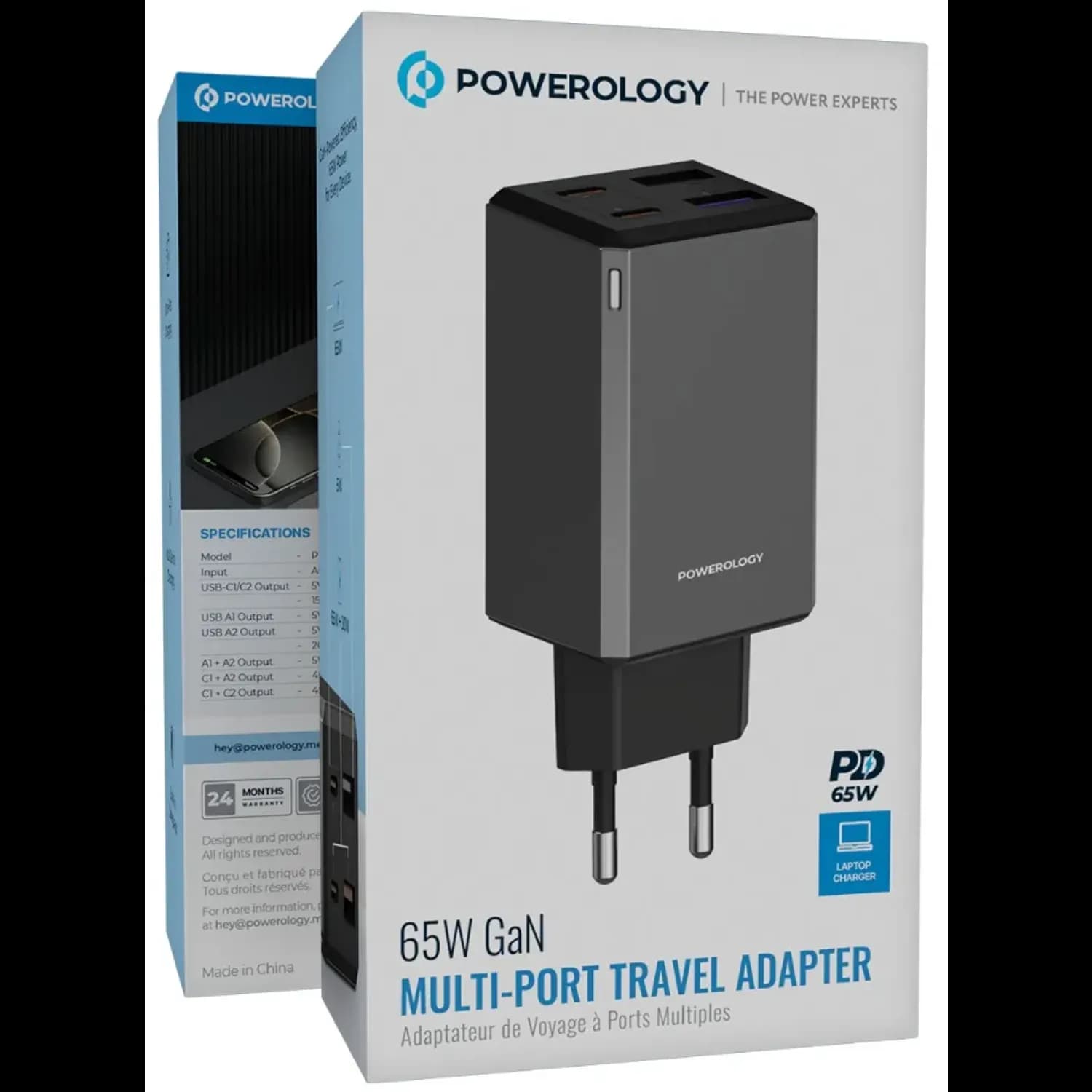 Powerology Travel Adapter - 65W GaN, Grey 3