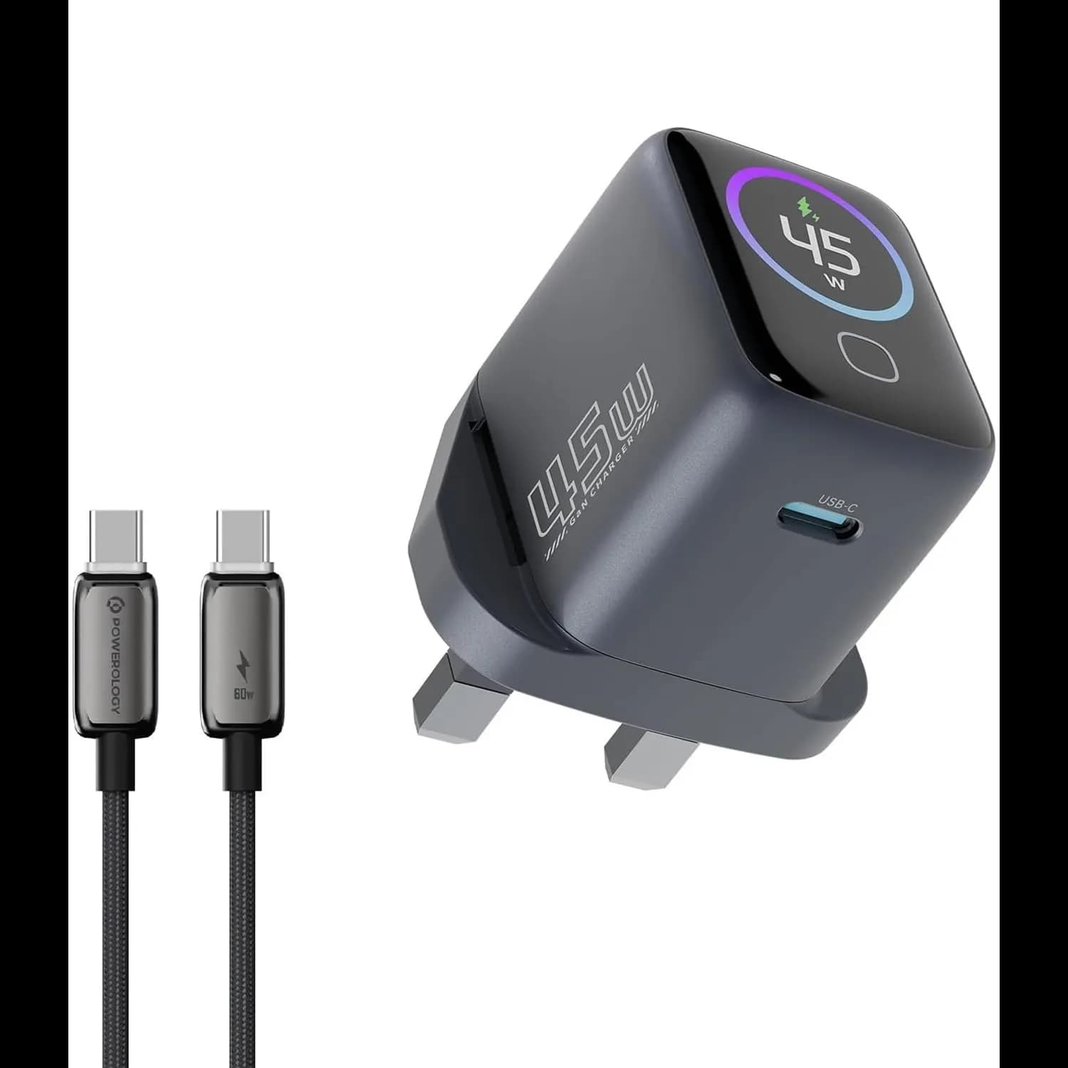 Powerology GaN Charger VoltFlow - 45W PD USB-C, TFT Display, Gray 1