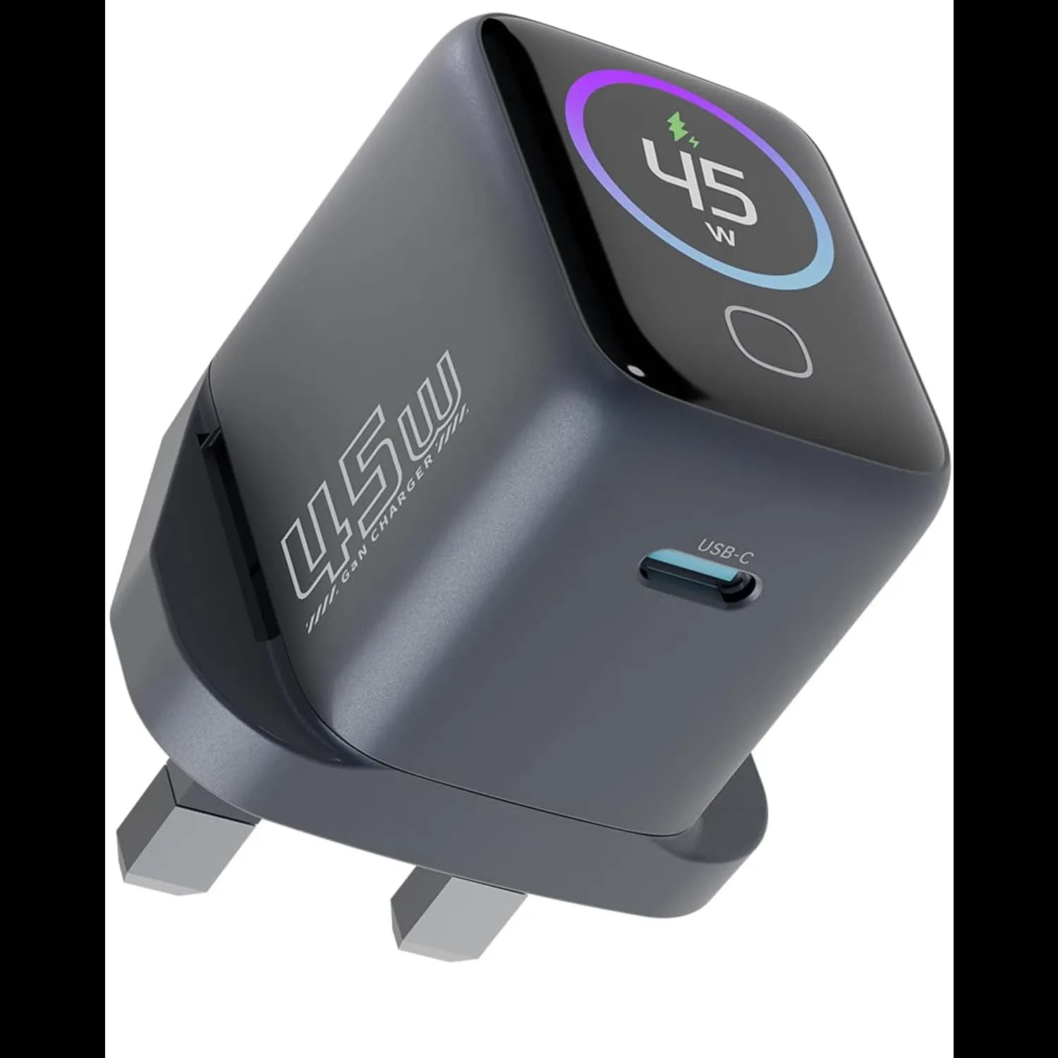 Powerology GaN Charger - 45W PD USB-C with Display, Gray 1
