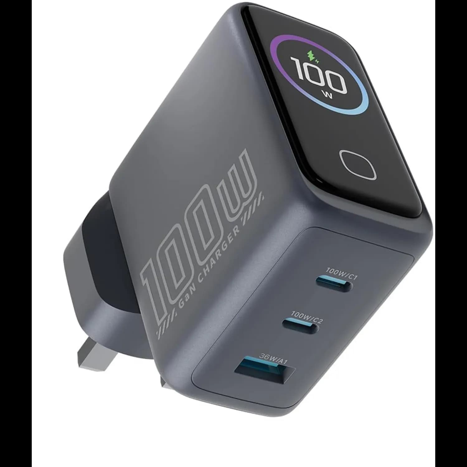 Powerology GaN Charger - 100W, Display, USB-A & 2x USB-C 1
