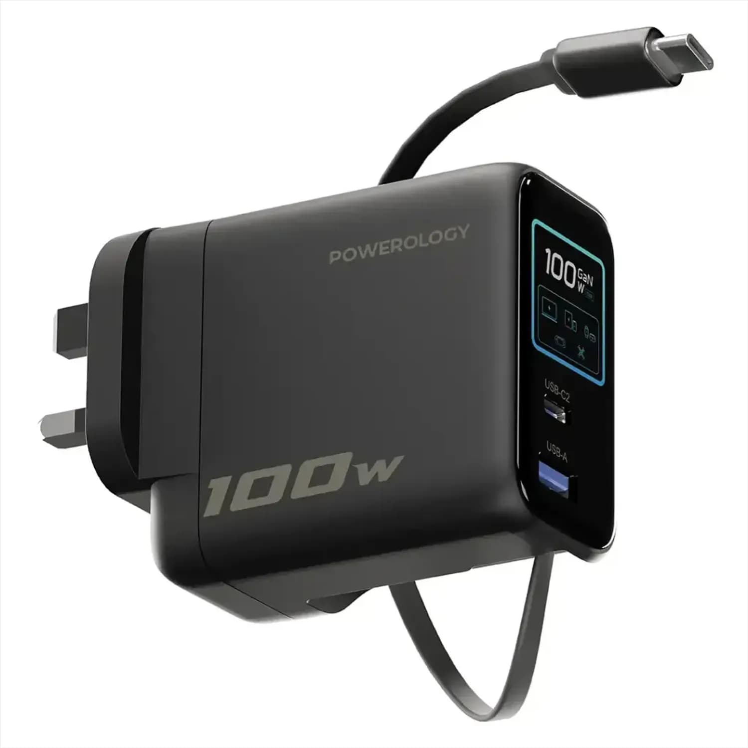 Powerology 100W Adapter Type-C Cable - 100W Retractable, Black 2
