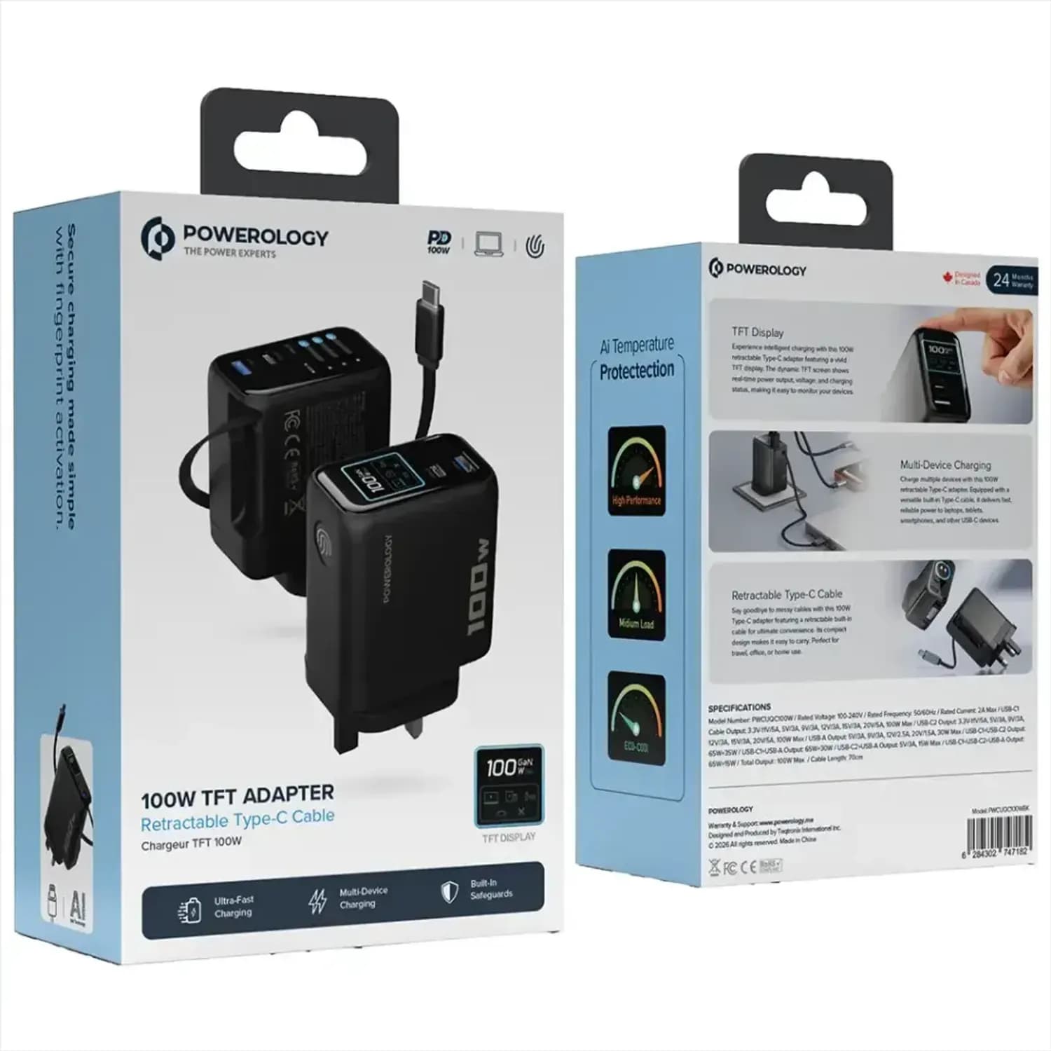 Powerology 100W Adapter Type-C Cable - 100W Retractable, Black 3