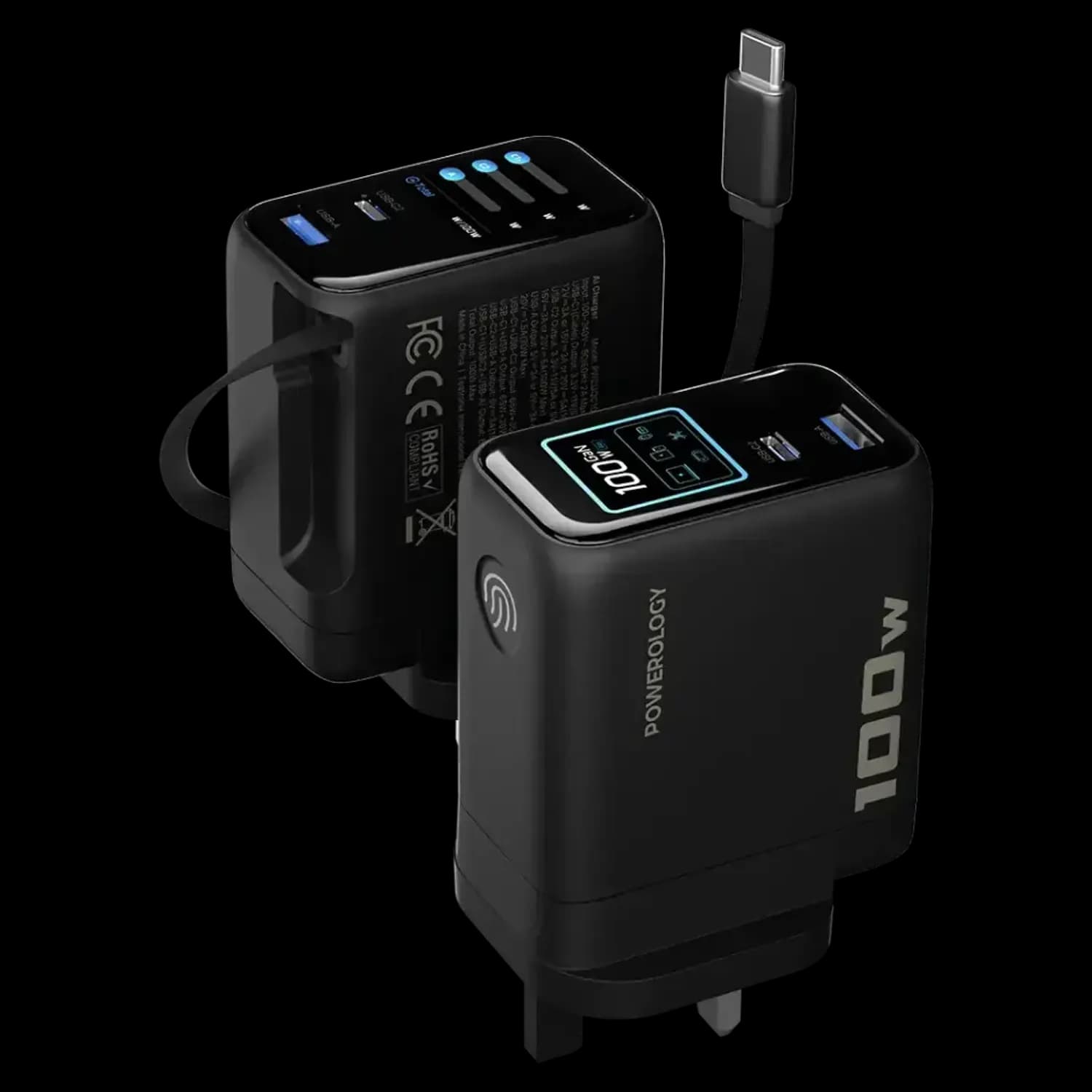 Powerology 100W Adapter Type-C Cable - 100W Retractable, Black 1 Powerology 100W Adapter Type-C Cable - 100W Retractable, Black 1