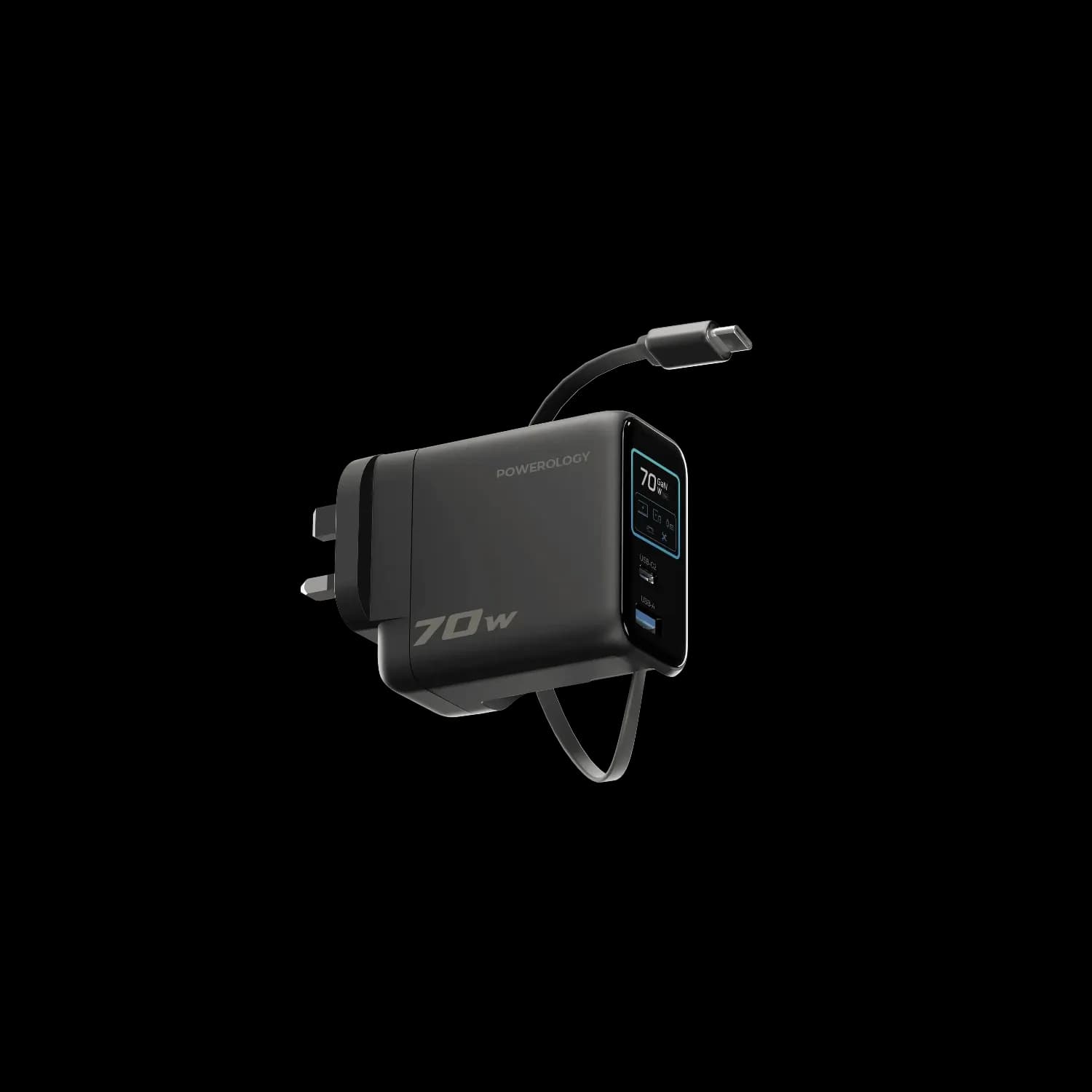 Powerology TFT Adapter - 70W, Retractable Type-C Cable, Black 2