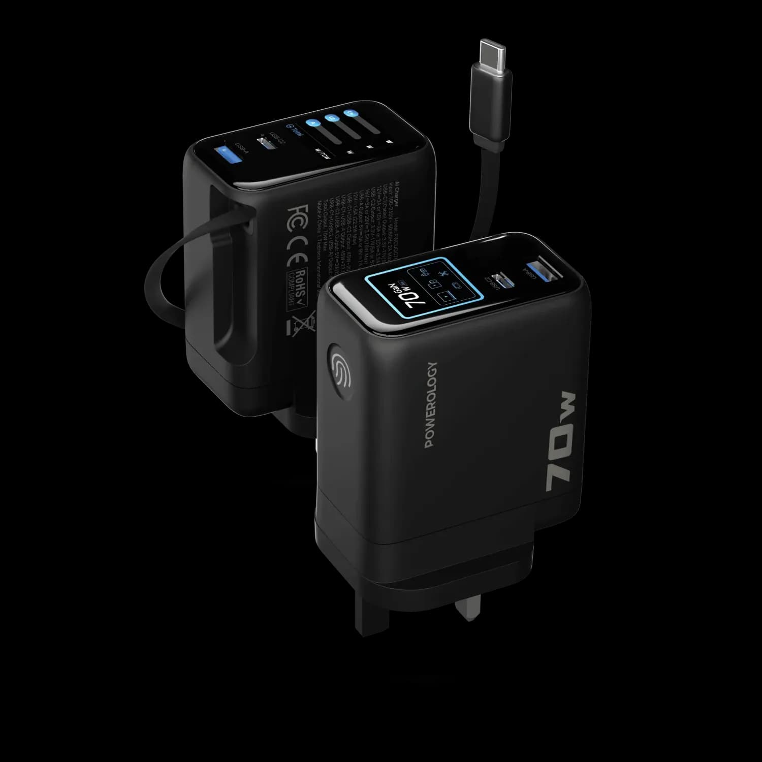 Powerology TFT Adapter - 70W, Retractable Type-C Cable, Black 1