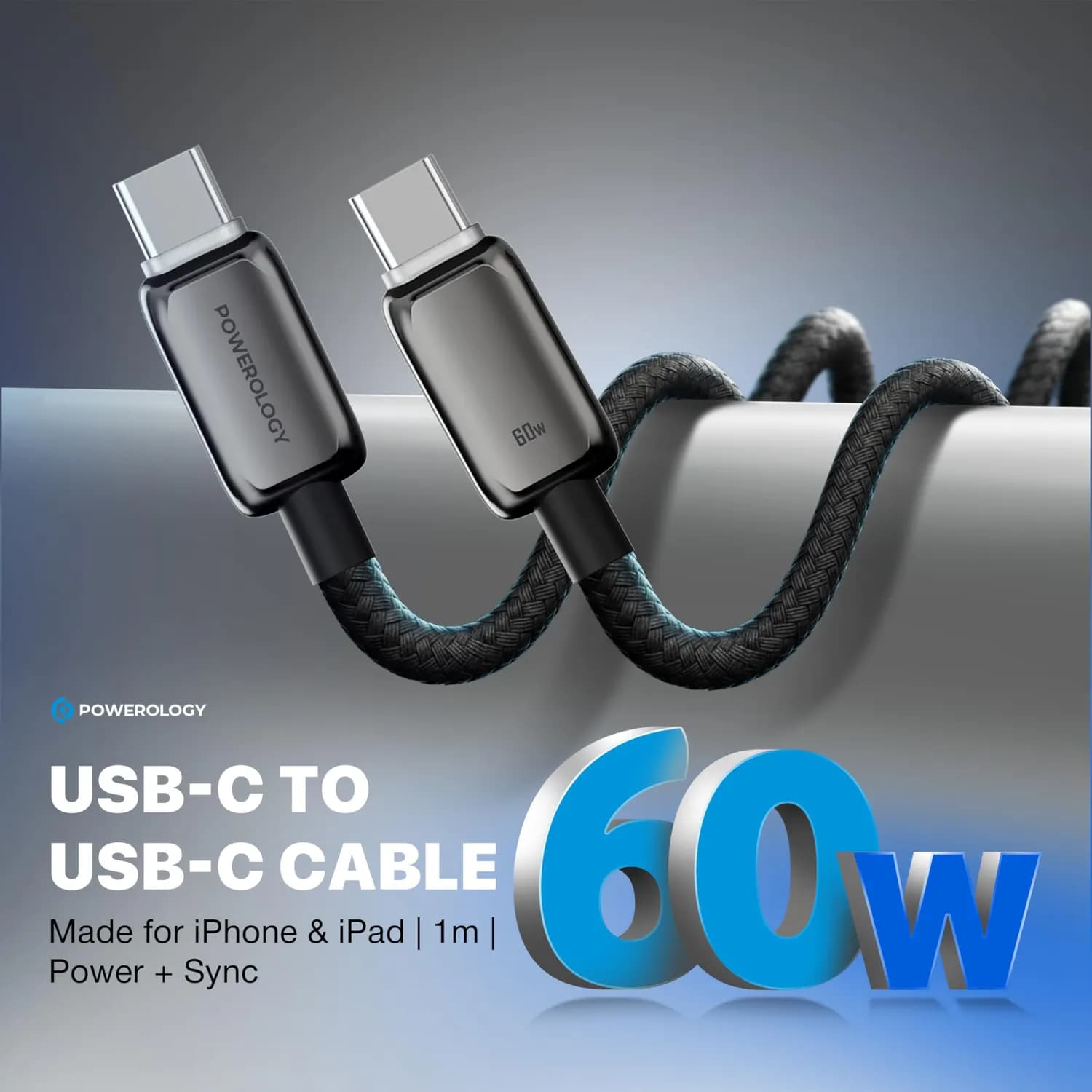 Powerology USB-C Cable Zinco Series - 60W PD Fast Charging, Gray 2