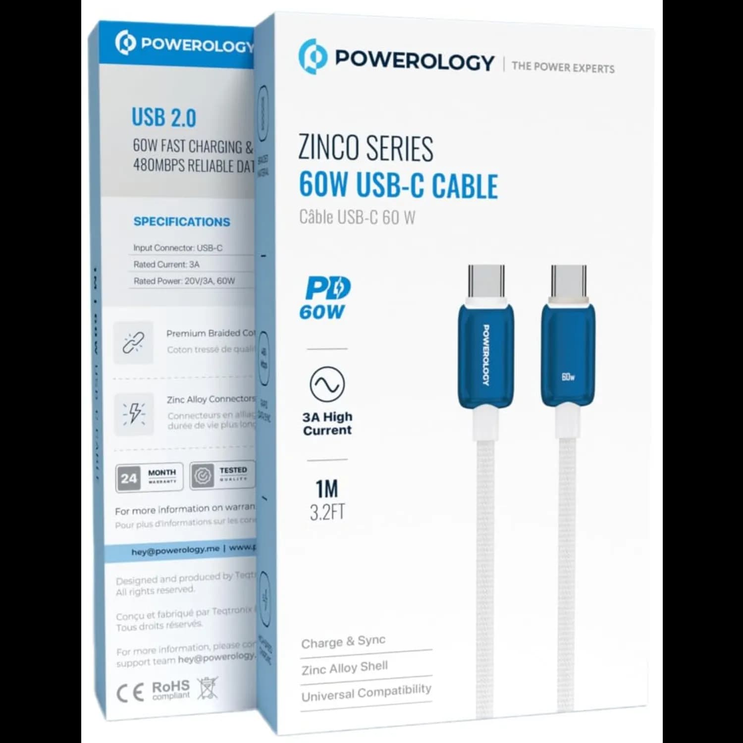 Powerology USB-C Cable - 60W PD, 1M Braided, Blue 3