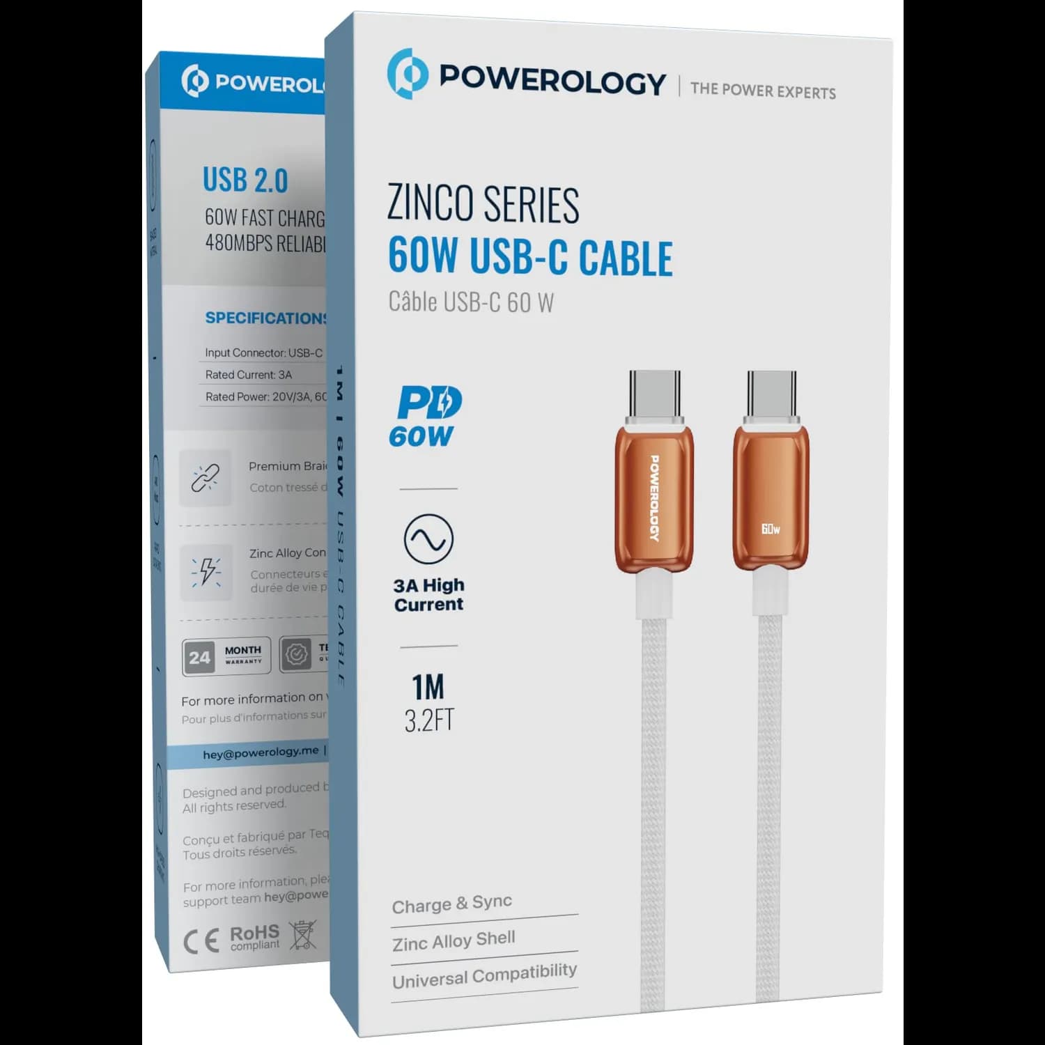Powerology USB-C Cable - 60W PD, 1M Braided, Orange 2