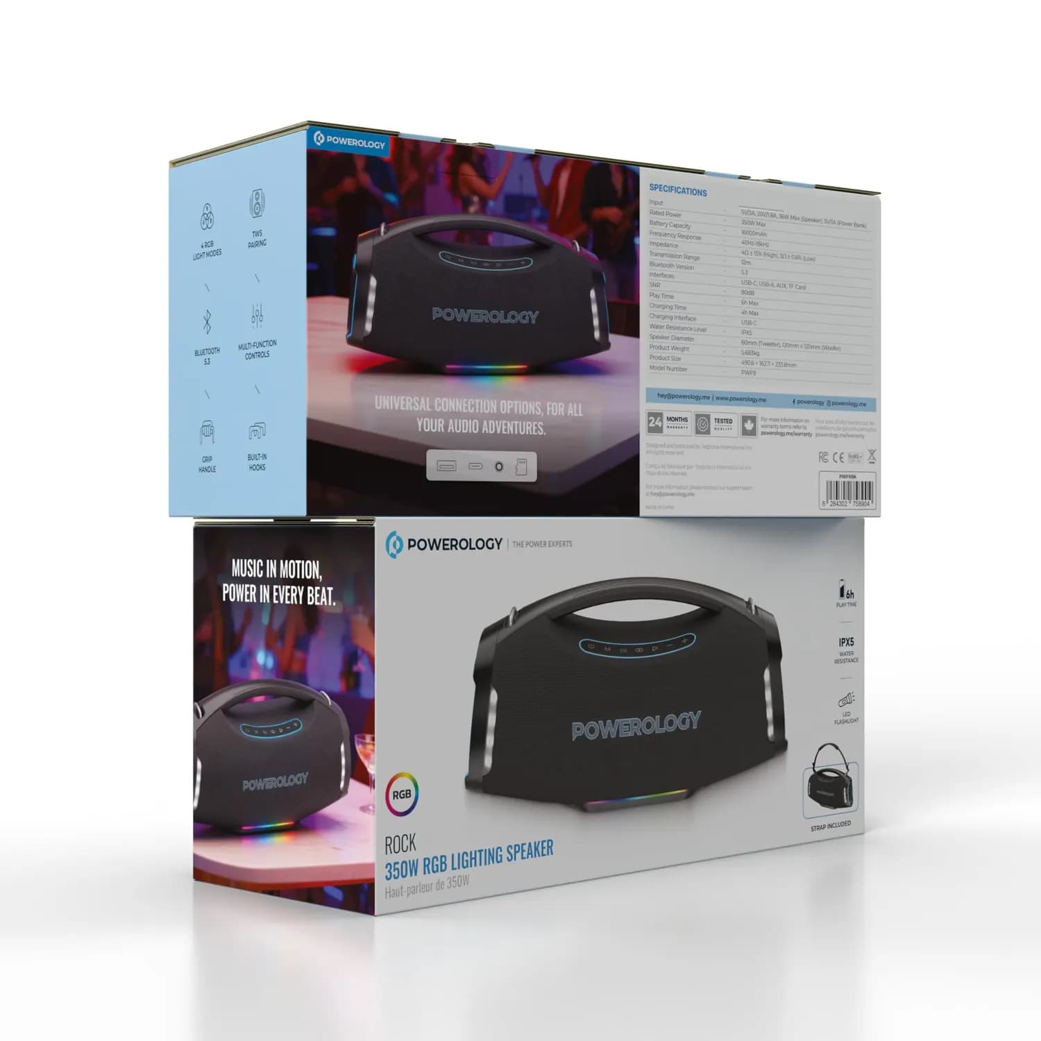 Powerology Bluetooth Speaker - 350W RGB, 16000mAh, IPX5 5
