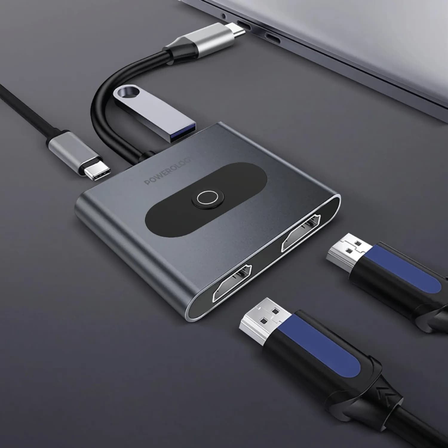 Powerology Multi-Function Hub - Dual HDMI 4K@60Hz, USB-C PD 100W, Grey 2