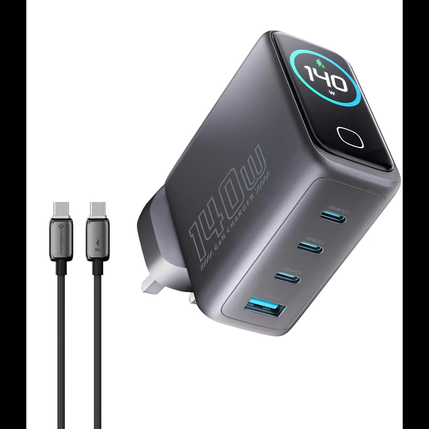 Powerology GaN Charger - 140W, 4-Port with Display, Black 1
