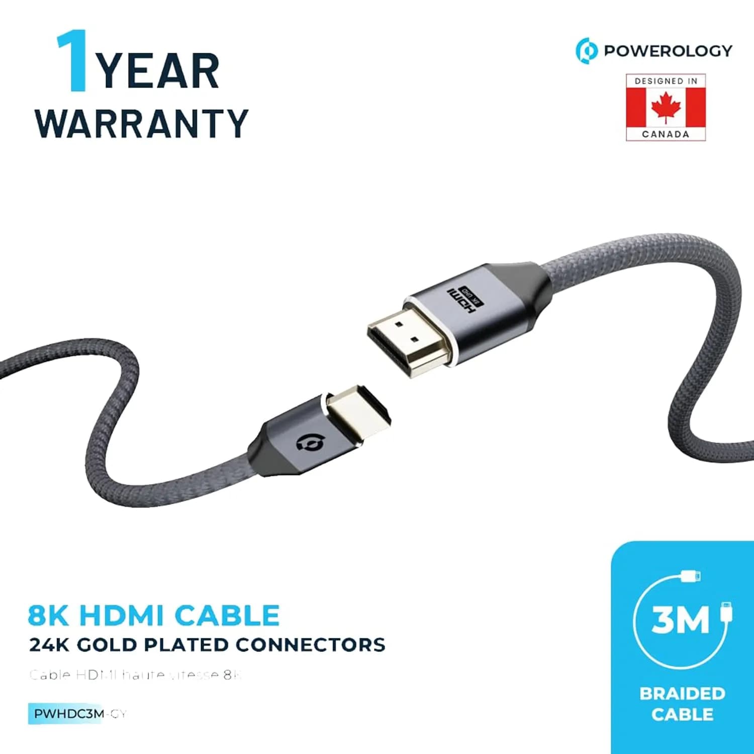 Powerology HDMI Cable - 8K, 3m, Gray 2