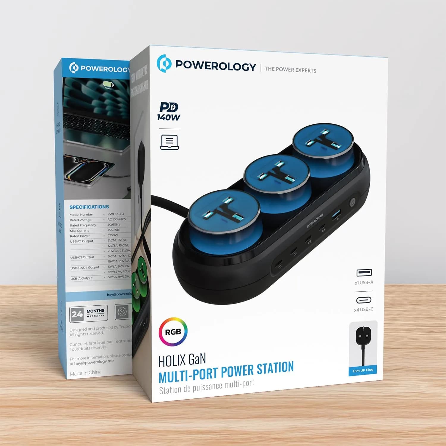 Powerology Power Station - 160W GaN, 5 USB Ports, Gray 5