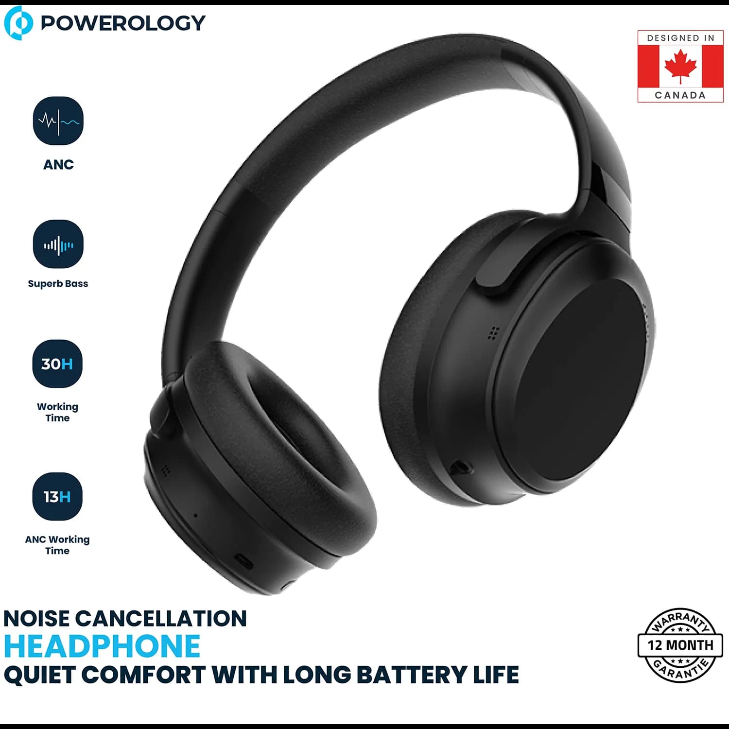 Powerology Wireless Headphones - Active Noise Cancelling, Super Bass, Black 3