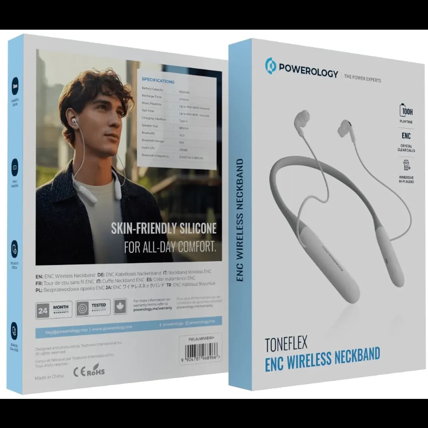 Powerology Neckband Earphones Toneflex ENC - Bluetooth 5.3, 100H Playtime, White — Black 4
