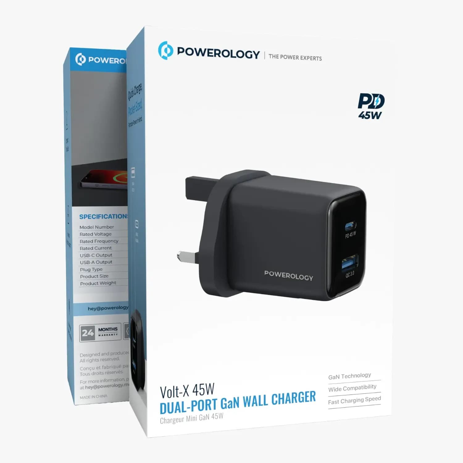 Powerology Wall Charger Volt-X - 45W Dual-Port GaN, Black 3