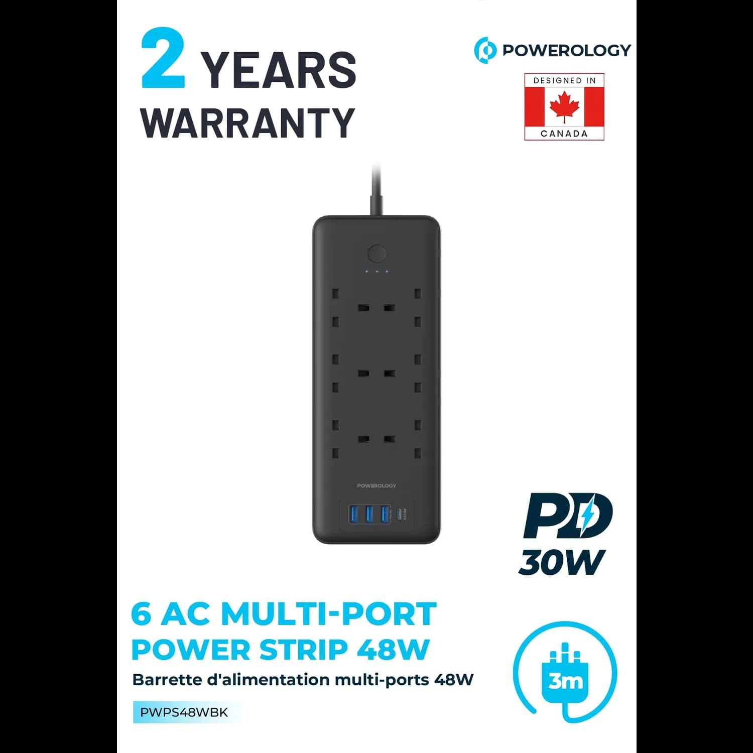 Powerology Power Strip - 6 AC Outlets, 3 USB Ports, Black 2