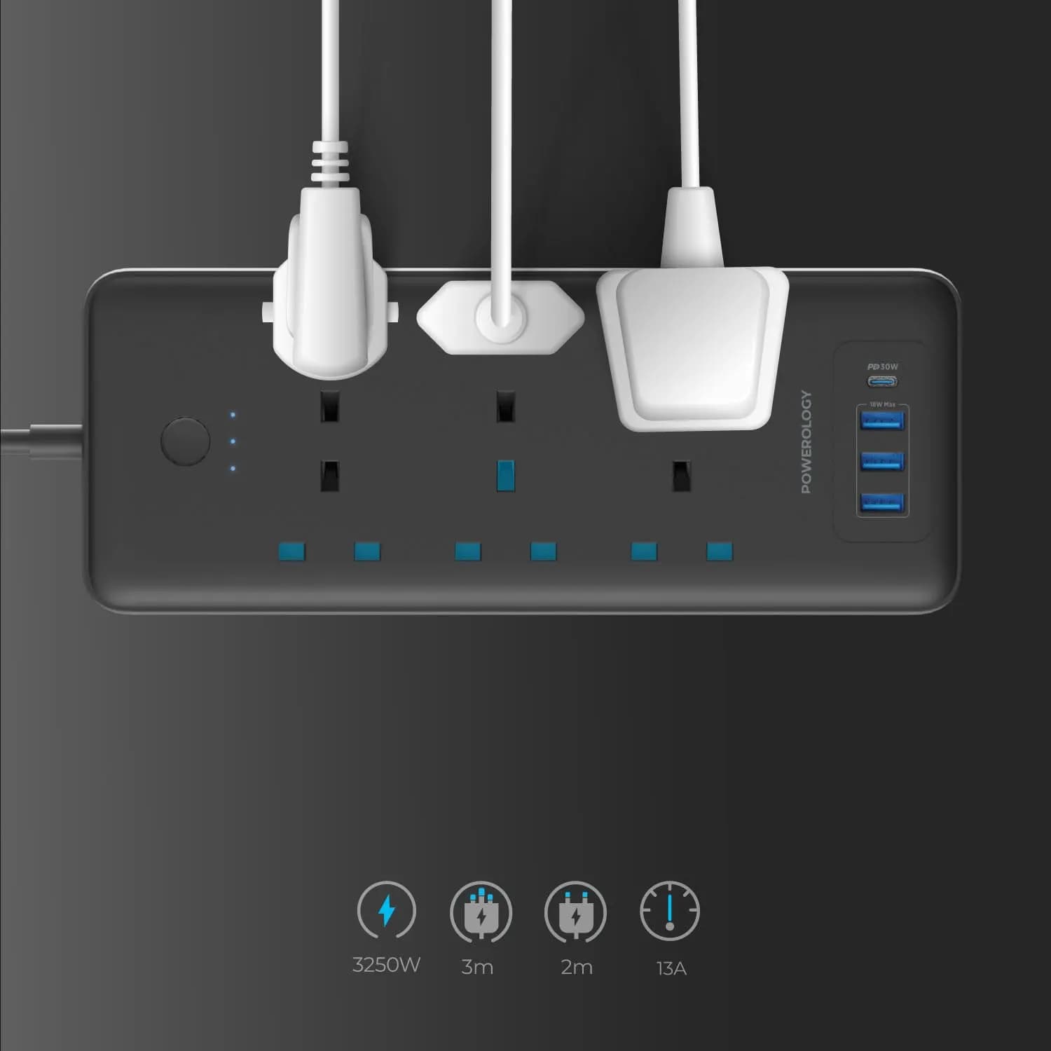 Powerology Power Strip - 6 AC Outlets, 3 USB Ports, Black 4
