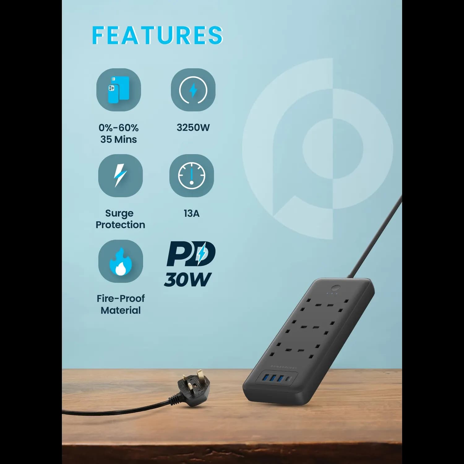 Powerology Power Strip - 6 AC Outlets, 3 USB Ports, Black 5