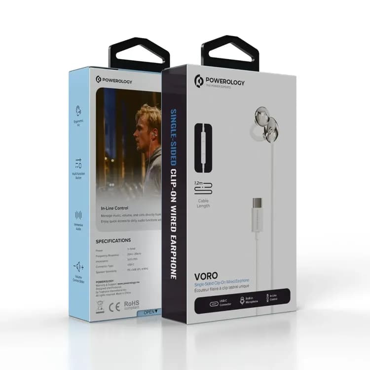 Powerology Earphone Voro - Single-Sided Clip-On, White — Black 4