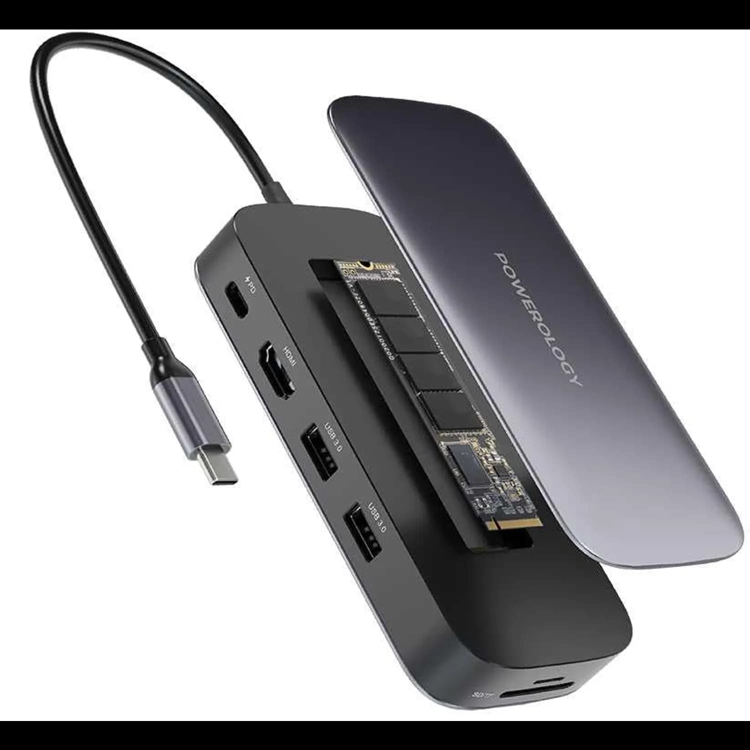 Powerology USB-C Hub & SSD Drive - 256GB, 100W PD, Gray 4
