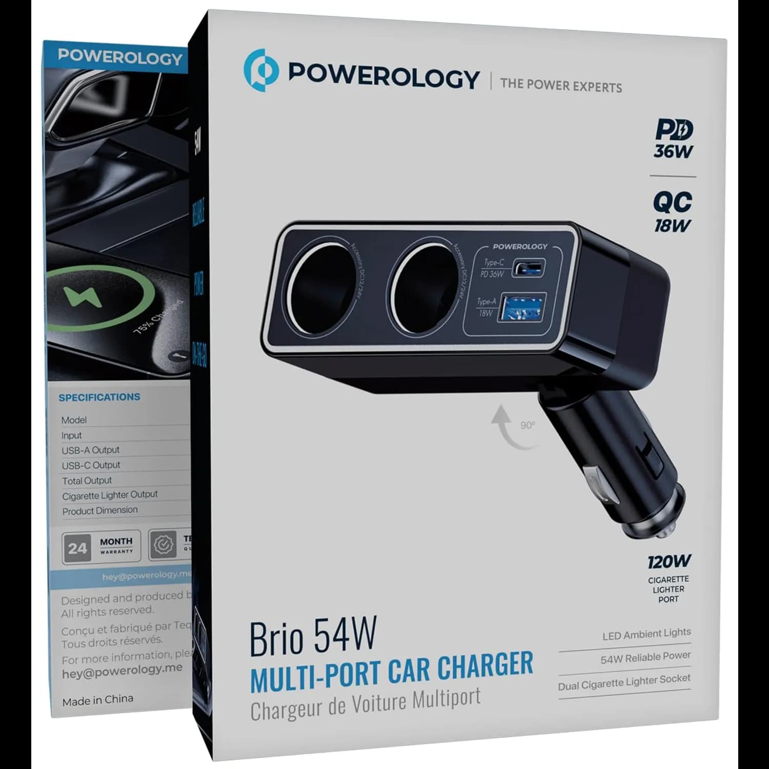 Powerology Car Charger - 54W Multi-Port, Black 3