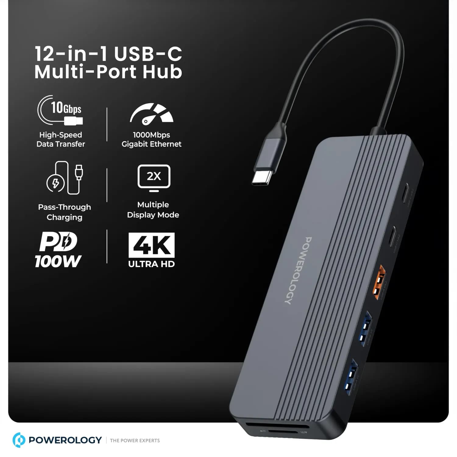 Powerology USB-C Hub - 12-in-1, 100W PD, Grey 2