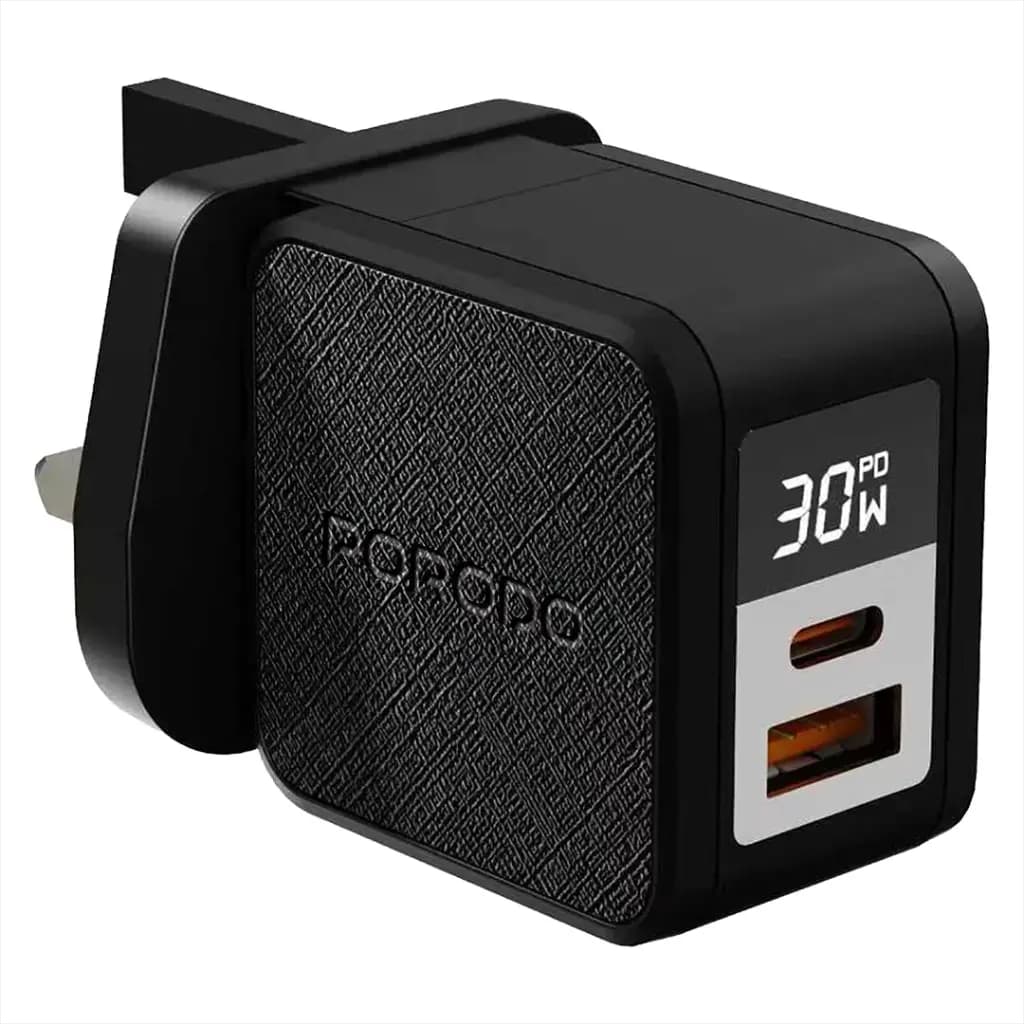 Porodo Quantum GaN 30W Multi-Port Charger with Digital Display - Black Porodo Quantum GaN 30W Multi-Port Charger with Digital Display - Black