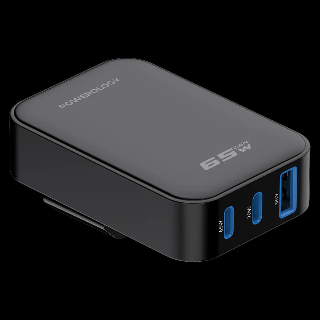Powerology GaN Foldable Charger - 65W, Black