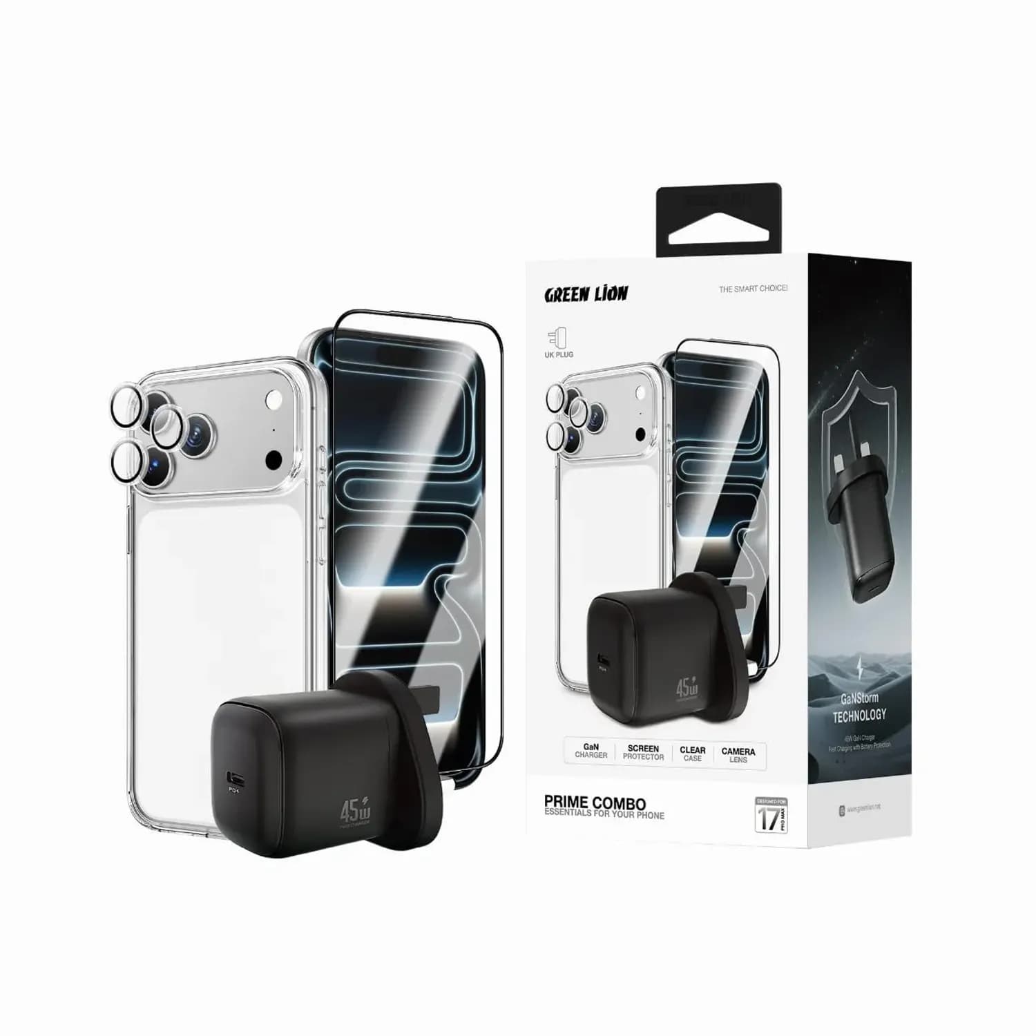 Green Lion Combo Pack iPhone 17 Pro - 45W GaN Charger, Clear Case, HD Lens, Screen Protector Green Lion Combo Pack iPhone 17 Pro - 45W GaN Charger, Clear Case, HD Lens, Screen Protector