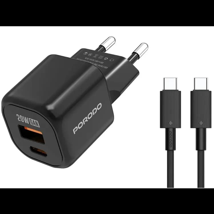 Porodo Dual Port Wall Charger PD20W+USB - Fast Charge, Black — Black 1 Porodo Dual Port Wall Charger PD20W+USB - Fast Charge, Black — Black 1