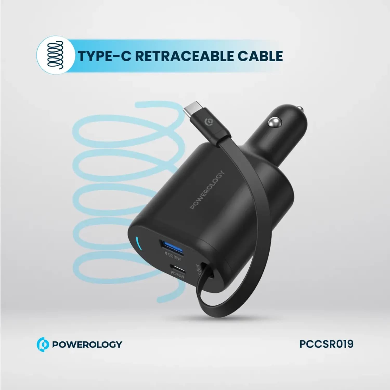 Powerology Car Charger - 65W PD Retractable, Black 1 Powerology Car Charger - 65W PD Retractable, Black 1