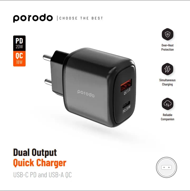 Porodo Dual Output USB-C PD and USB-A QC Quick Charger EU 1 Porodo Dual Output USB-C PD and USB-A QC Quick Charger EU 1