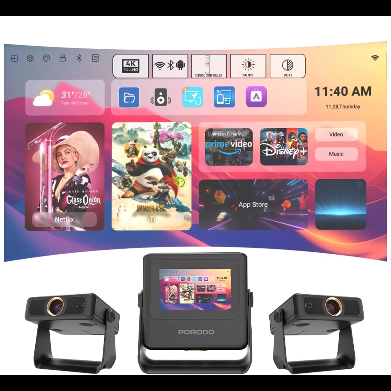 Porodo Smart HD Projector - 250" Screen, WiFi & Bluetooth 1 Porodo Smart HD Projector - 250" Screen, WiFi & Bluetooth 1
