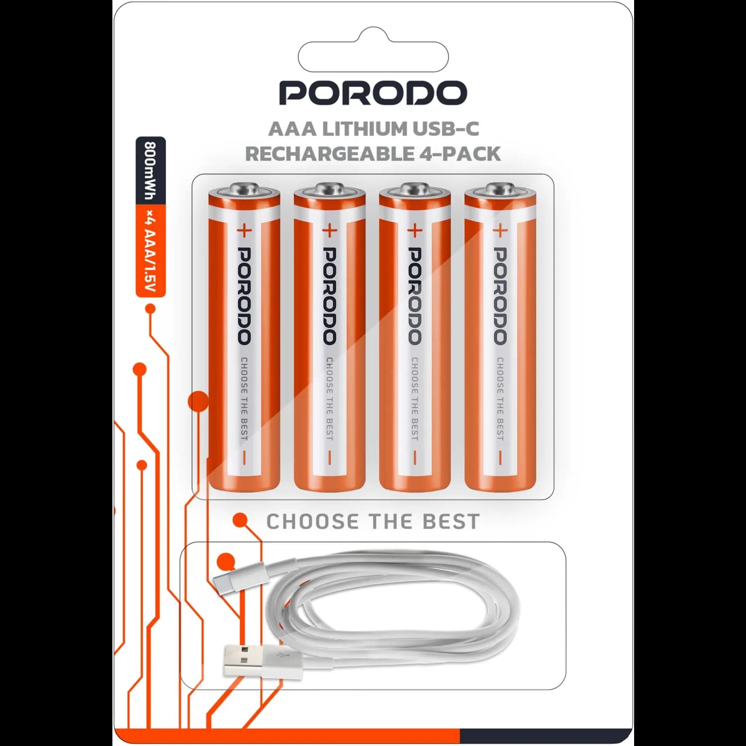 Porodo Rechargeable AA Batteries - 2500mWh, USB-C, White/Orange Porodo Rechargeable AA Batteries - 2500mWh, USB-C, White/Orange