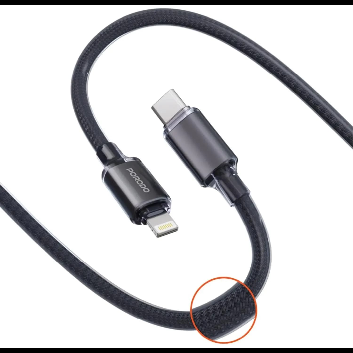 Porodo USB-C to Lightning Cable - 27W Fast Charging, 1m Braided, Black 1 Porodo USB-C to Lightning Cable - 27W Fast Charging, 1m Braided, Black 1