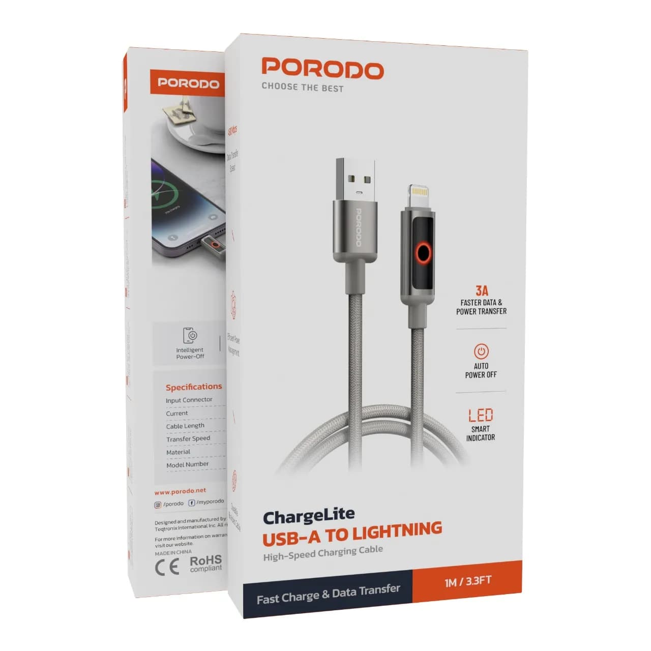 Porodo ChargeLite USB-A to Lightning High-Speed Charging Cable - Gray 1 Porodo ChargeLite USB-A to Lightning High-Speed Charging Cable - Gray 1