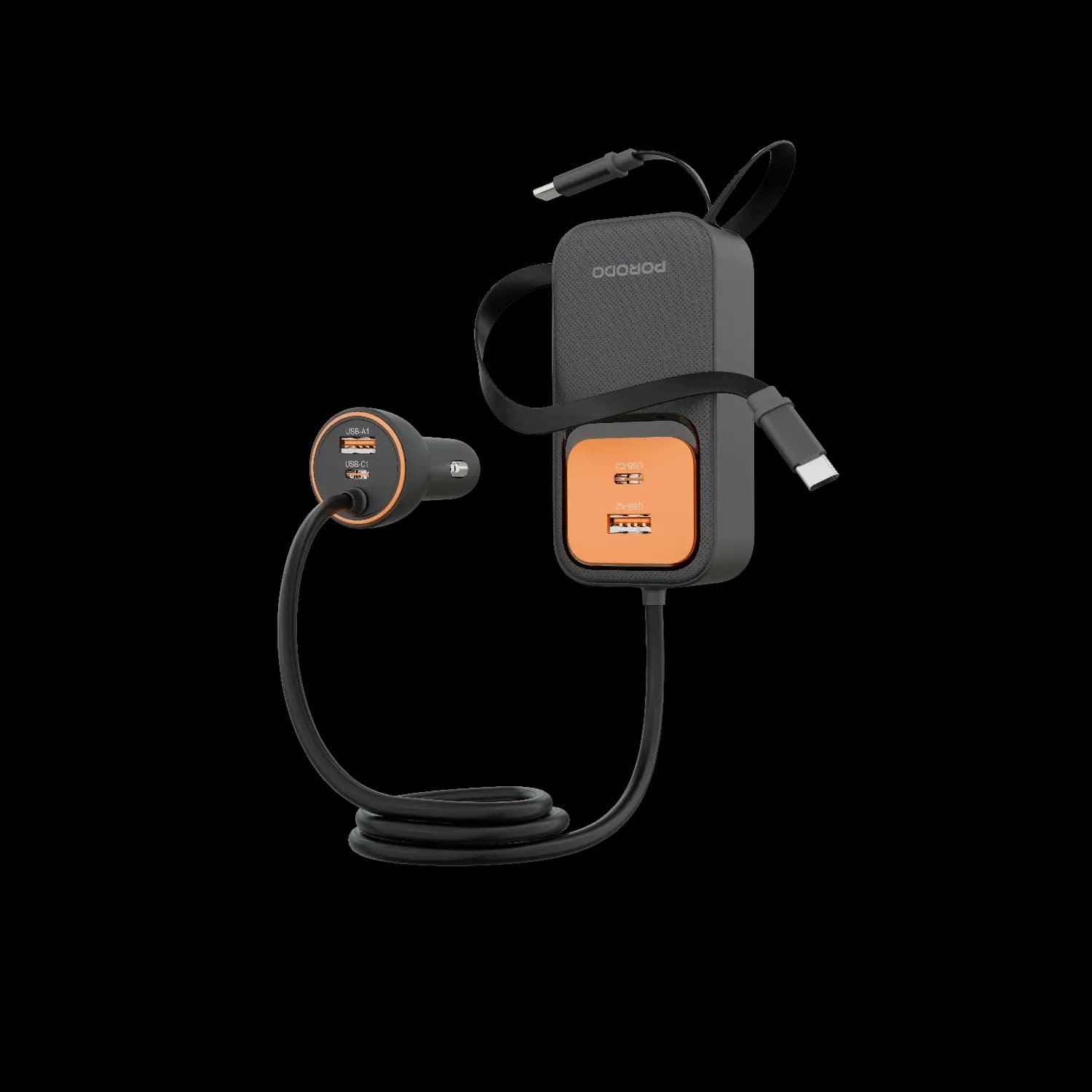 Porodo Car Charger - Dual Retractable Type-C Cables, Black 1 Porodo Car Charger - Dual Retractable Type-C Cables, Black 1