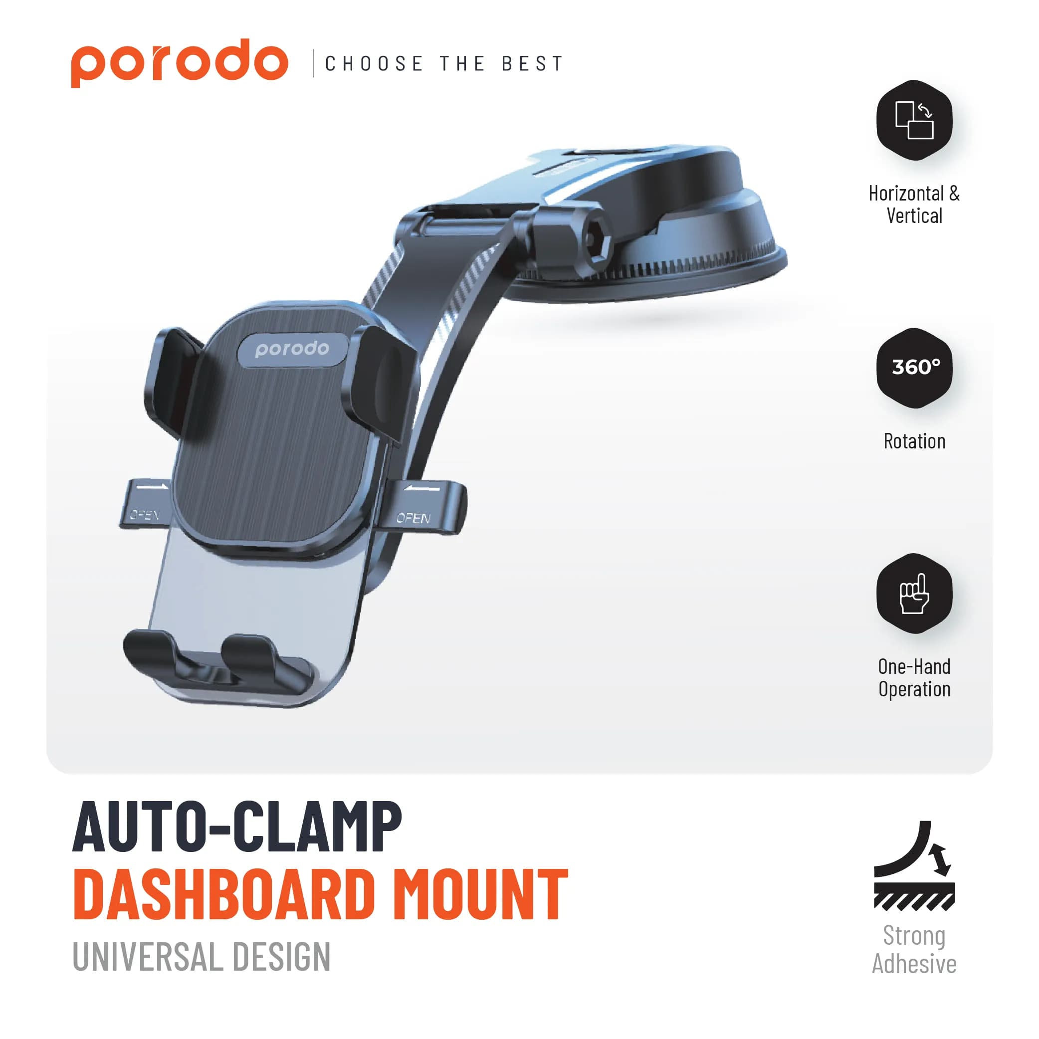 Porodo Easy One Touch Car Mount - Black 1 Porodo Easy One Touch Car Mount - Black 1