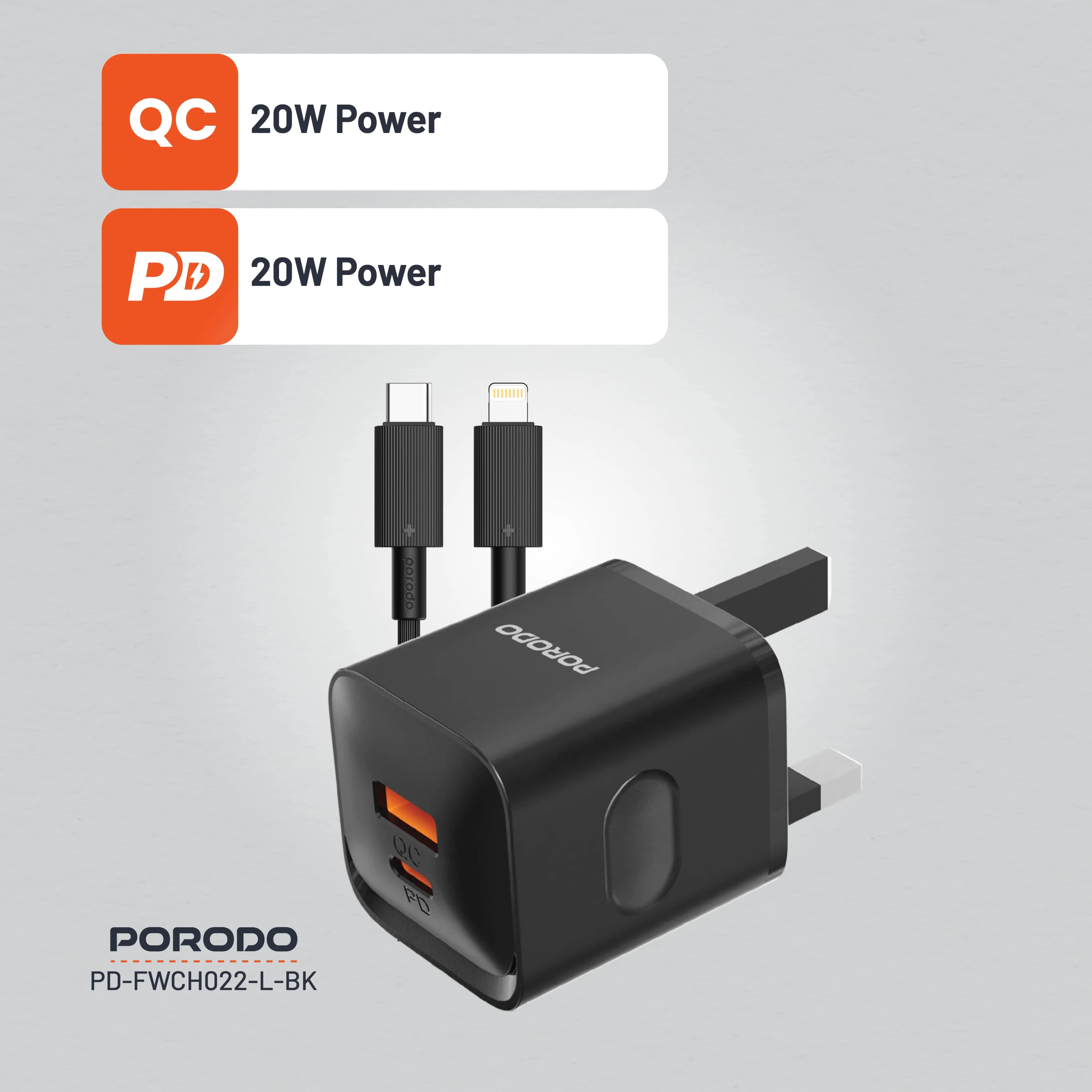 Porodo Wall Charger PDFWCH022LBK - Dual Port 20W, Black 1 Porodo Wall Charger PDFWCH022LBK - Dual Port 20W, Black 1