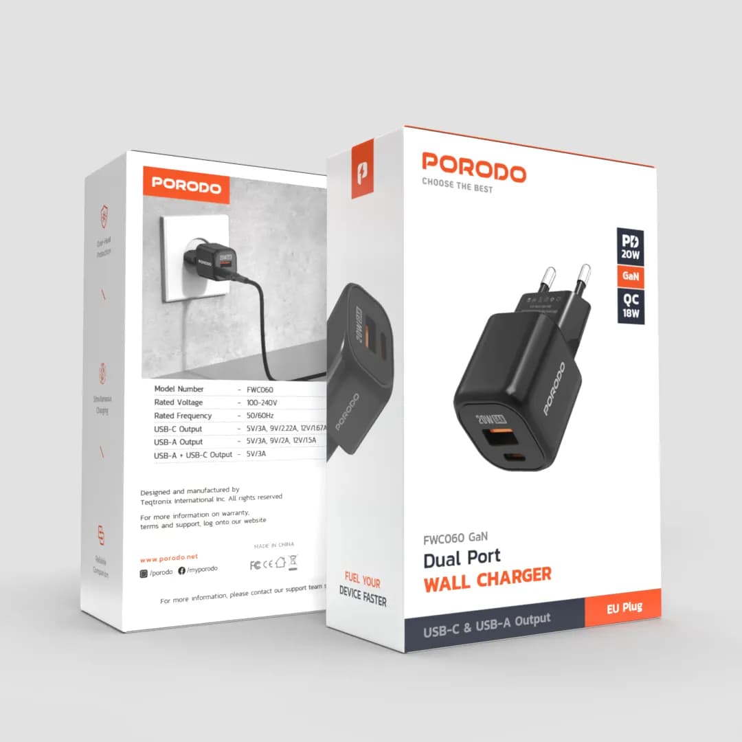 Porodo Dual Port GaN Wall Charger - Black 1 Porodo Dual Port GaN Wall Charger - Black 1